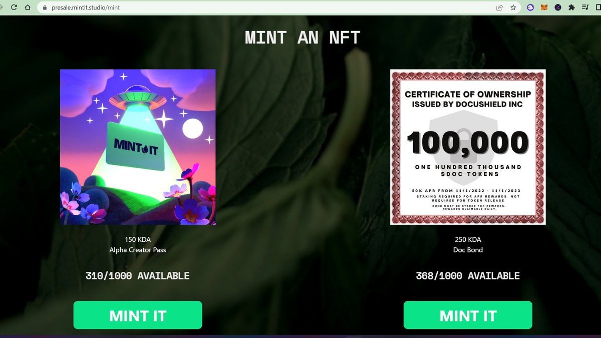 MintItOnKadena's tweet photo. What's up #MintItFam 🍃✌️

We made the decision to cut both the #DOCBond &amp; the #AlphaCreatorPass supply in half 👀👀

The new supply of the first #NFTs on the #Marmalade standard are now 500 for each😎

Check it out on the site👇
https://t.co/J2yG5Pr9Gw

#Kadena $KDA #MintIt $DOC https://t.co/UkOnEwtb8R
