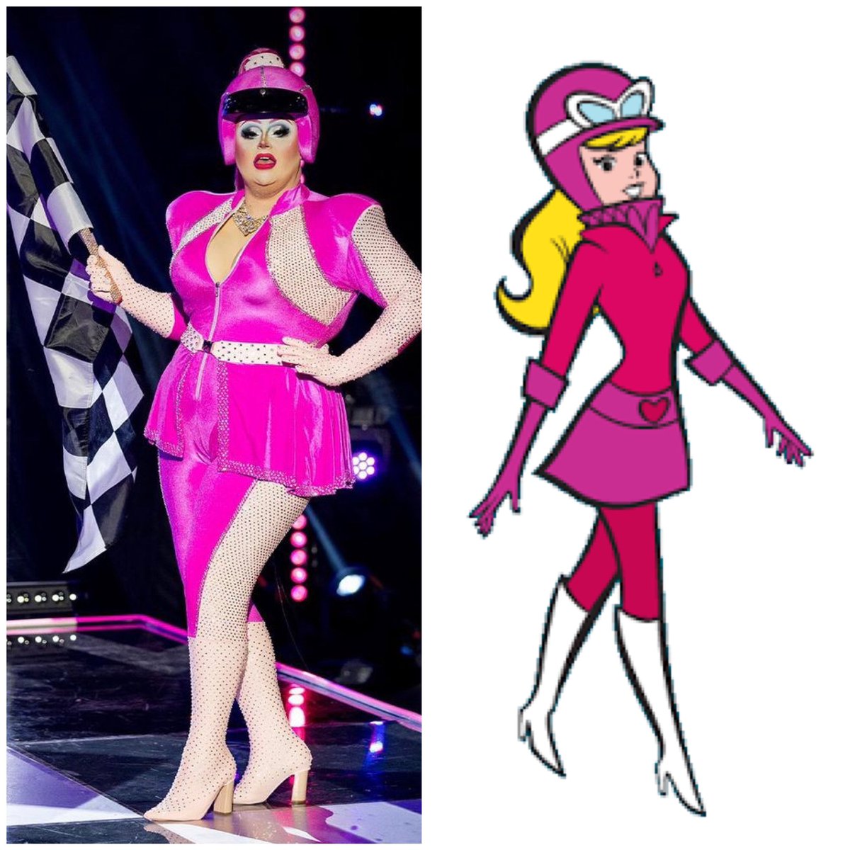 dizzymitchell's tweet photo. Not sure it was giving Emma Bunton but it was certainly giving Penelope from wacky races! #DragRaceUK #PixiePolite #wackyraces #dragspaceuk #dragspace @dragraceukbbc https://t.co/eePLt4BRaW