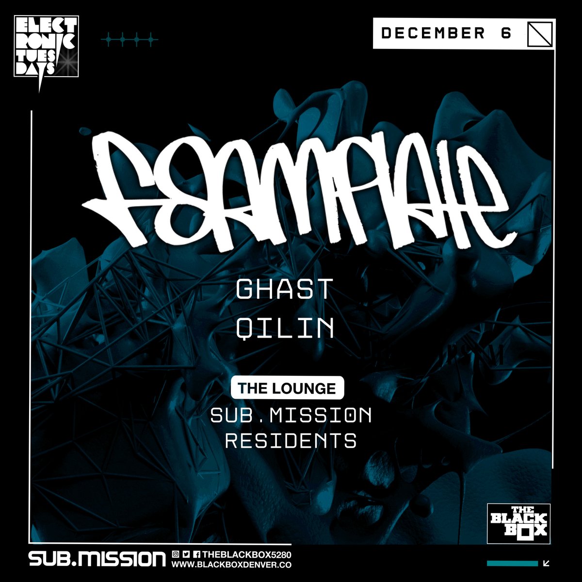 Event Announcement
--
12.06 (The Black Box)
<a href="/subdotmission/">Sub.mission</a> Electronic Tuesdays:
<a href="/Foamplate/">Foamplate</a> 
w/ <a href="/GhastMusic/">GHAST</a>, Qilin
--
Tickets on-sale 6:00pm MT:
bit.ly/SubmissionDec6