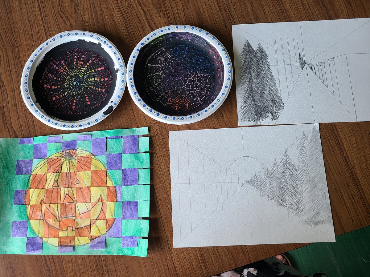 MrsD9Heather's tweet photo. JH art in full swing with paper weaving water colors, Mandala scratch art, and one perspective drawings. Can't wait to see what they create this year. #talentedkids @sjboscoschool @NLESDCA https://t.co/lSdZGypyPL