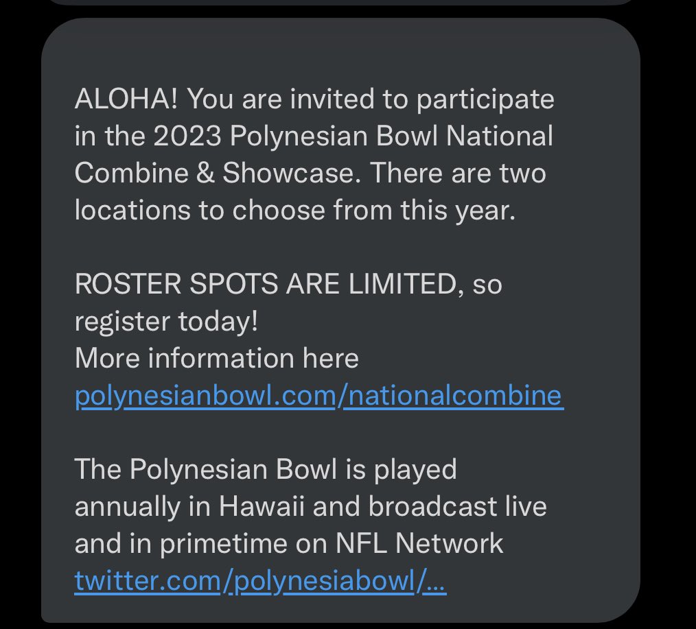 blessed to receive an invite to the 2023 Polynesian bowl National combine and showcase ! <a href="/CoachWehe/">Chad Wehe</a> <a href="/MStrunkCoach/">Mike Strunk</a> <a href="/JMadison_FB/">Madison Maverick Football</a> <a href="/TheGodfather_O/">Coach Jesse Ornelas Sr.</a> <a href="/BDammone/">Along The Wire</a> <a href="/HunterRittimann/">Hunter Rittimann</a> <a href="/polynesiabowl/">POLYNESIAN BOWL</a>