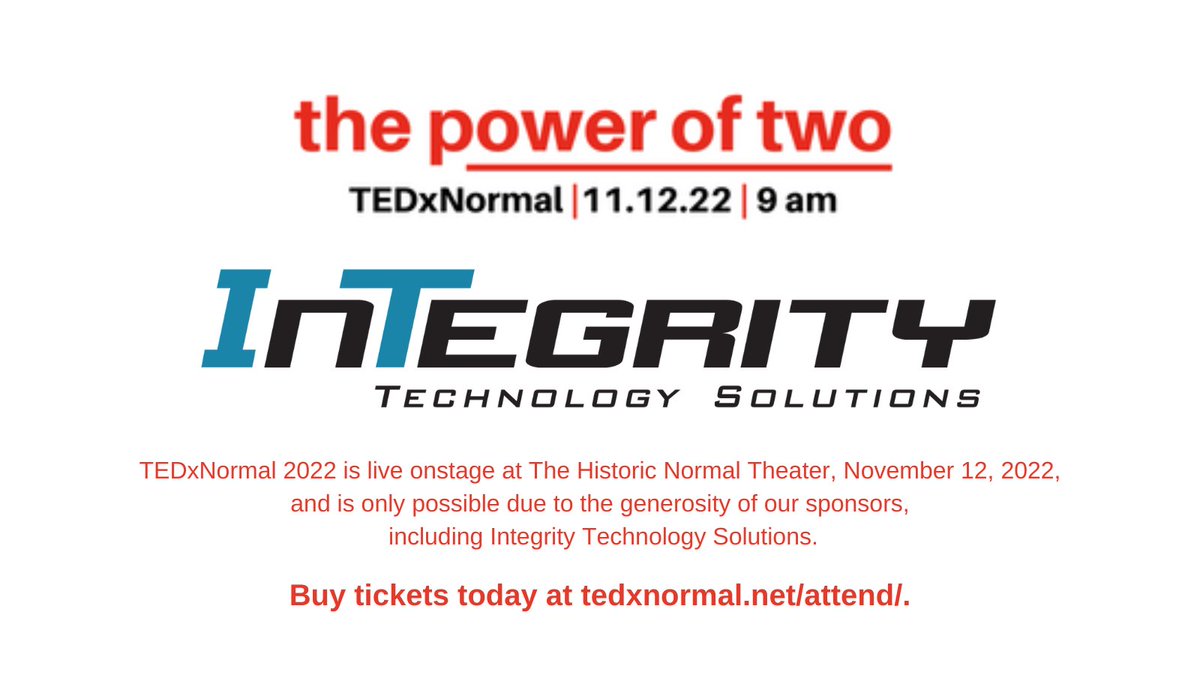 TEDxNormal's tweet image. TEDxNormal 2022 is coming up on Saturday. 
Buy your tickets today at tedxnormal.net/attend. 
Join us from 9–1 pm at the Normal Theater for brilliant ideas and insights from our amazing speakers! 
#tedx #poweroftwo #ideasthatinspire #speakers