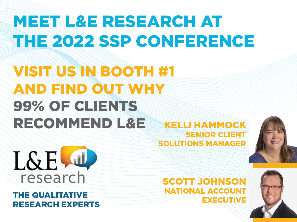 Meet us at the @SensoryPros #SSP2022 Conference next week. We'll be exhibiting November 2nd and 3rd. Stop by booth #1 to learn more about L&E Research and why 99% of clients recommend us! #MR #Sensory22 #SensorySociety #SocietyofSensoryProfessionals