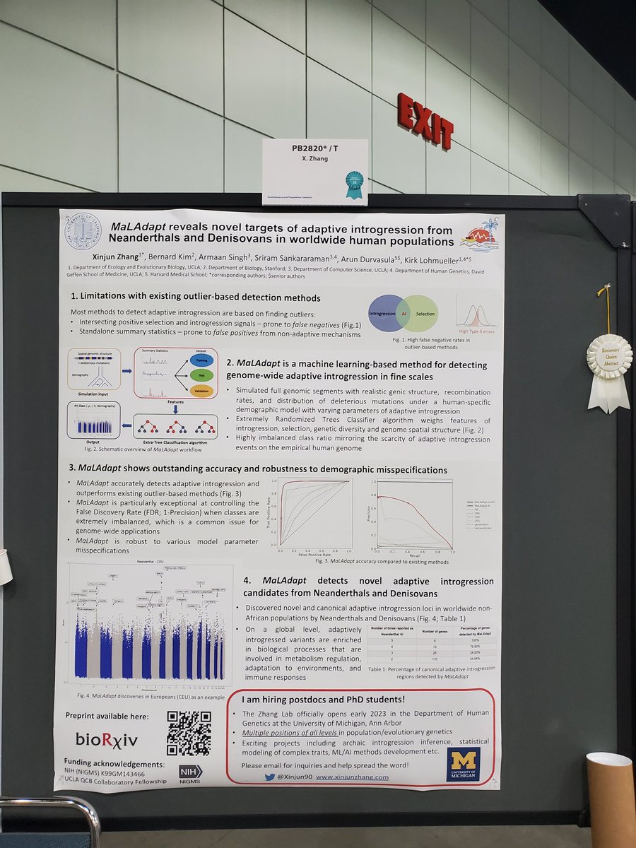 Excited to present poster PB2820 this afternoon #ASHG22 on our recent work in machine learning detection of adaptive introgression, please come by and say hi! 

Also, I'm recruiting at all levels in popgen for my lab at UMich to start next year, and happy to chat more in person!