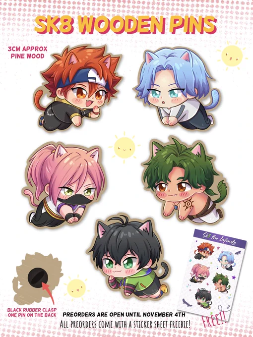 Wooden pin preorders are now open!My Hero Academia and sk8 the InfinityAll preorders will come with one sticker sheet FOR FREE!I hope you like them! Thank you for your support!Link and pictures of the sticker sheets down below 
