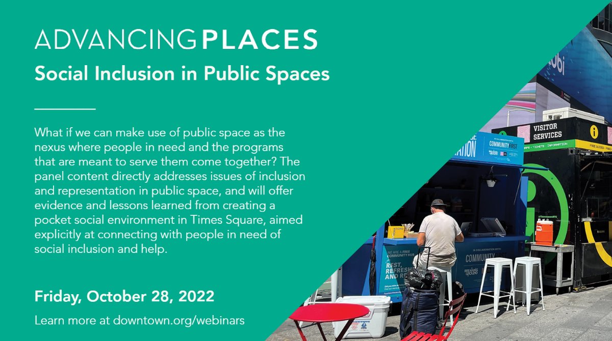 Have you reserved your spot for tomorrow's webinar with @@PPS_Placemaking and @@TimesSquareNYC? Learn about the value of social inclusion and public space as a nexus for connection to downtown stakeholders. Register here (free for members): ow.ly/cUPz50LhLCQ