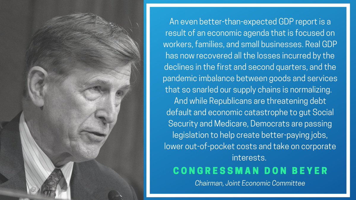 'Driven by continued growth in consumer spending and business investment that exceeded expectations, GDP data reflect confidence in the resilience of the U.S. economy' - @RepDonBeyer on third quarter GDP growth jec.senate.gov/public/index.c…