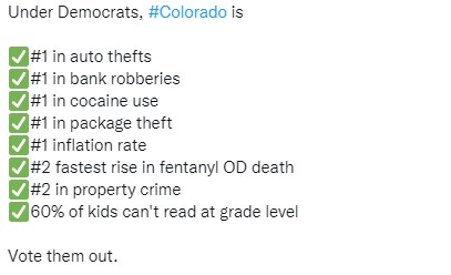 schotts's tweet photo. I am a #Colorado #maddad because the progressive left has turned my native state into a state far from what I grew up in.
If you are not happy with aspects of life in Colorado, perhaps it's those who are governing.
Vote the Democrats out.
#copolitics #coleg https://t.co/srPRHEZxNd