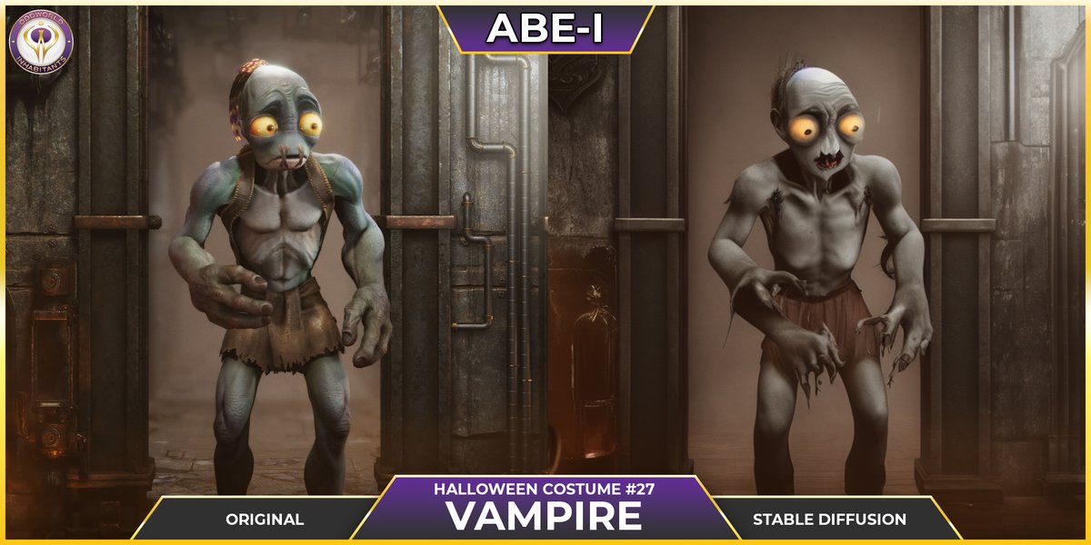 OddworldInc's tweet photo. Day 27 of #Abei
Returning to the horror classics for his 27th #Halloween costume, Abe becomes a creature of the night. He probably loves it down in the Sanctum.
#AIart @stabilityai #madewithstablediffusion #aiartcommunity #Halloweencostume #Vampire #horror #dracula #Oddworld https://t.co/s87rK9dQcp