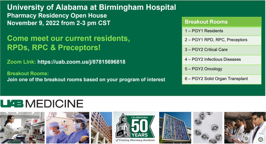 🚨🚨UAB Pharmacy Residency Programs will be holding a virtual open house Wednesday, November 9th from 2-3pm CST!! All our programs will be there!
uab.zoom.us/j/87815696818
#uabpharmreslife #pharmres #TwitteRx #PharmEd #OncoPharm
