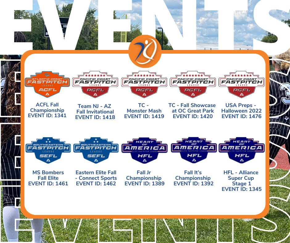 Who doesn't love a Halloween weekend full of softball?! Here are the Event IDs! 🥎 🎃 #AthletesGoLive #softball #AGL

<a href="/triplecrownspts/">Triple Crown Sports</a> <a href="/HFLfastpitch/">Heart of America Fastpitch League | HFL</a> @atlanticcoastfp <a href="/TFLfastpitch/">Texas Fastpitch League</a> <a href="/GameDayUSASB/">GameDayUSA Softball</a> <a href="/OfficialGHSA/">GHSA</a> <a href="/LeagueFastpitch/">Southeastern Fastpitch League</a> @pcflfastpitch <a href="/thealliancefp/">The Alliance Fastpitch</a>