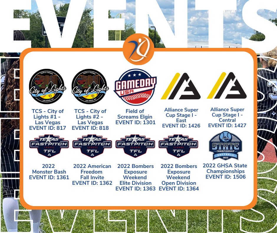AGLSoftball's tweet photo. Who doesn't love a Halloween weekend full of softball?! Here are the Event IDs! 🥎 🎃 #AthletesGoLive #softball #AGL

@triplecrownspts @HFLfastpitch @atlanticcoastfp @TFLfastpitch @GameDayUSASB @OfficialGHSA @LeagueFastpitch @pcflfastpitch @thealliancefp https://t.co/Ovw63GGiDF