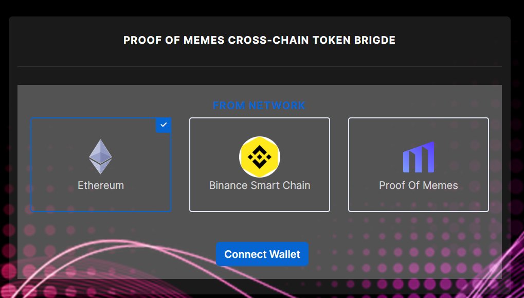 Proof_Of_Memes's tweet photo. 🎙️ MAJOR UTILITY ANNOUNCEMENT ⚡

The #ProofOfMemes Cross-Chain Token Bridge between @binance Smart Chain and @ethereum is under development for integration with #Pomswap! 

This rollout will include the implementation of $PUSD [POM USD Stablecoin] on #Pomchain https://t.co/X85zmzbEfd