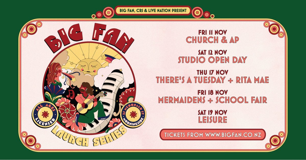 📣 Announcing the BIG FAN Launch Series 📣 
It’s happening. We are finally ready to open our doors! What better way to celebrate than with this amazing local lineup + studio open day! RT if you're a fan bigfan.co.nz