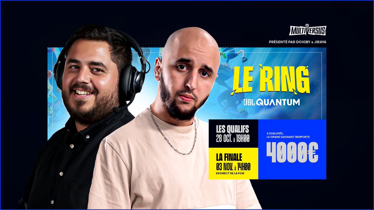 Jirayalecochon's tweet photo. Les frérots, on organise un tournoi Multiversus avec @Doigby et en partenariat avec @JBLQuantumFR

#LeRing 🥊
Du pur 1v1 avec 4000€ de CASHPRIZE 💰
Qualifiers demain à 20h et la Finale sur la scène du stand JBL de la PGW Jeudi 03 Novembre

Inscriptions : https://t.co/uHidyHV6R6 https://t.co/j0CWdk6RTD