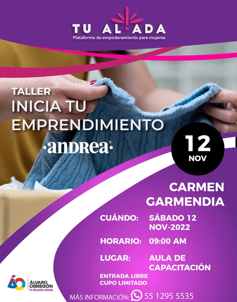Tu_Aliadamx's tweet photo. Vecinas de Álvaro Obregón, estamos por dar inicio a la segunda generación de Tu Aliada, Plataforma de empoderamiento para mujeres.
Informes y registro al +52 55 1295 5535 https://t.co/J1H4pKNpDk
