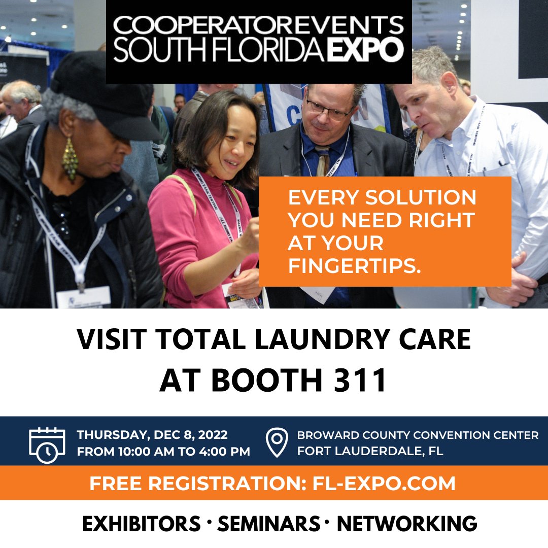 Mark your calendars!  Thursday, December 8, 2022!!  Booth 311

#Multifamilylaundry #totallaundrycare #tradeshows #southfloridaexpo #Encore
