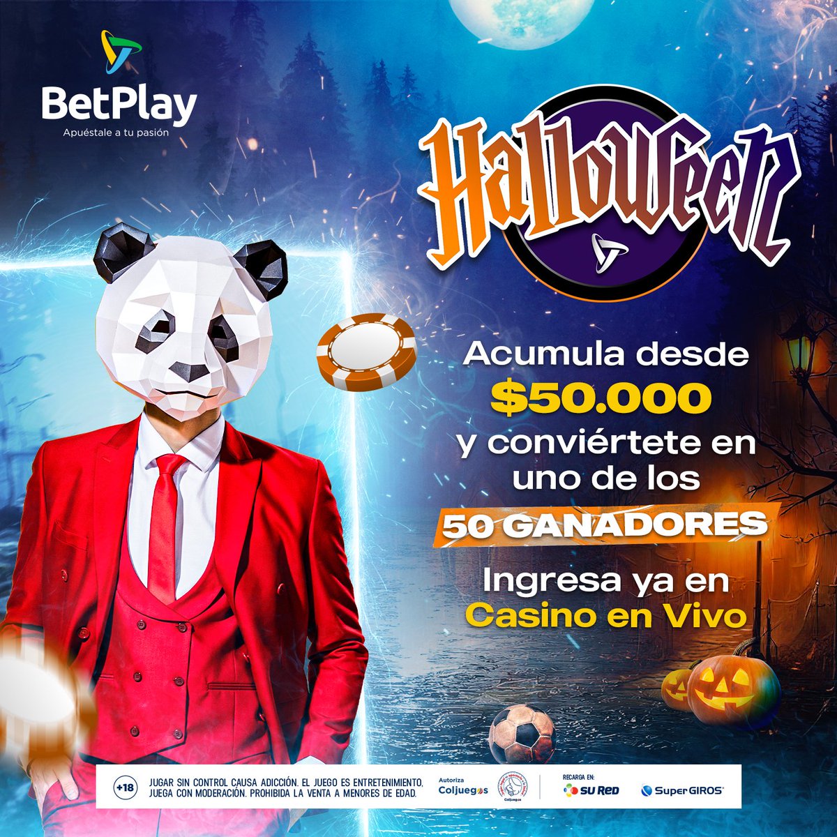 BetPlayCO's tweet photo. Acá no tienes que andar inventando #Disfraces para ganar 🧟. 
Con que empieces a #Acumular desde $50.000 💰 en apuestas del #CasinoEnVivo ya estarás participando por ser un #Ganador.
Empieza a jugar en: 👉 https://t.co/kyKMrEENsi ✅ https://t.co/acqSidw2GI