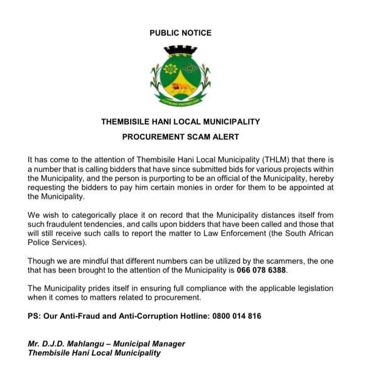 GCISMpumalanga's tweet image. Thembisile Hani LM warns Public about the Procurement scam. #ProcurementScam #PublicAlert @Ikwekwezi_FM
