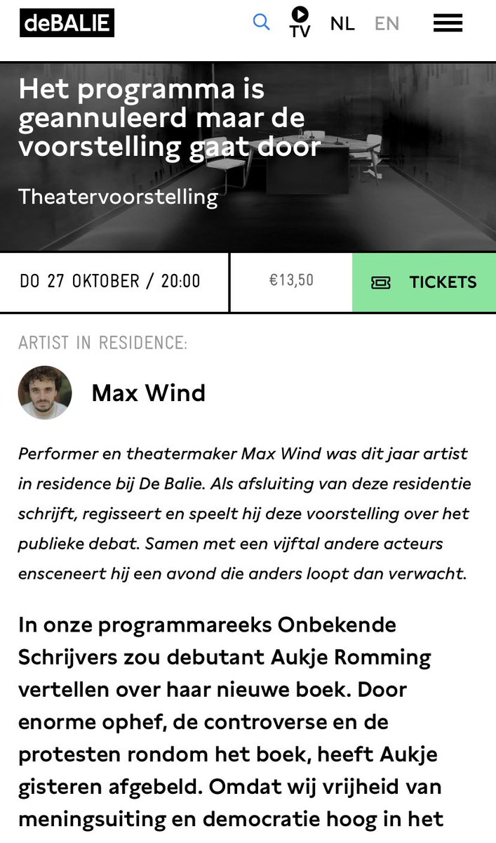 Vanavond weer in <a href="/DeBalie/">De Balie</a> voorstelling van Max Wind: ‘Het programma is geannuleerd maar de voorstelling gaat door’ > debalie.nl/programma/het-…