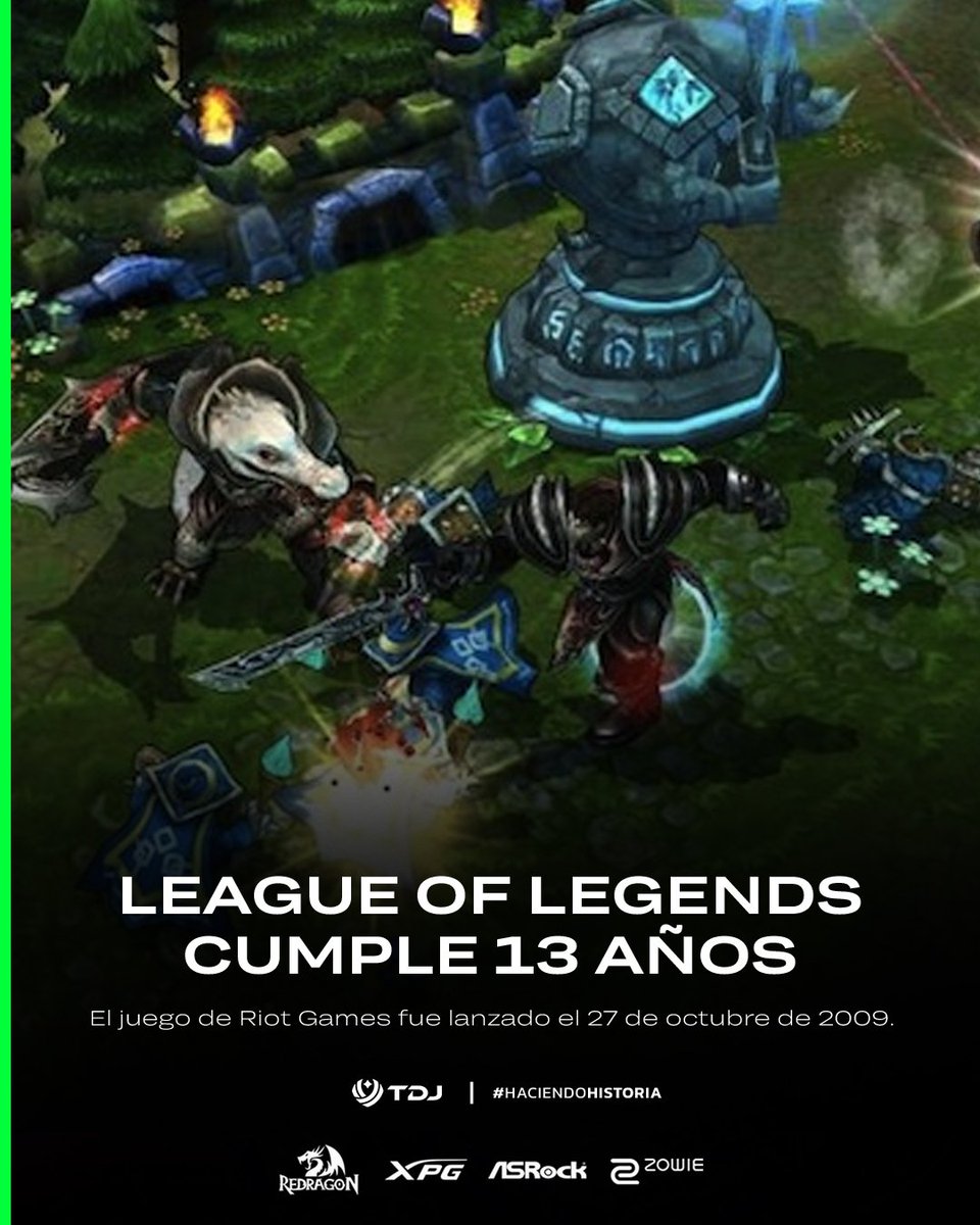 TemporadaJuegos's tweet photo. ¡FELIZ CUMPLEAÑOS LOLSITO! 🥳

Un 27 de octubre de 2009 se lanzó @LeagueOfLegends por @riotgames, hoy queremos saludar a uno de nuestros juegos favoritos por sus 13 años. 🎂

La grieta del invocar nos trae muchos recuerdos... ¿Vos hace cuánto lo jugás? 💌

#HaciendoHistoria 📜 https://t.co/RzKcd7KdTL