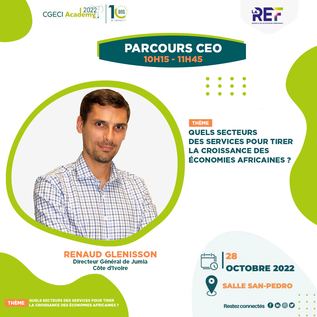 JumiaCI's tweet photo. #RenaudGlenisson, CEO de #JumiaCI animera un panel sur le thème: "QUELS SECTEURS DES SERVICES POUR TIRER LA CROISSANCE DES ECONOMIES AFRICAINES ?", lors de la @cgeci_academy 2022. RDV ce ven.28 oct. dès 10H15 dans la salle San-Pedro du @SofitelAbidjan.
#CGECIacademy2022 #LaREF22 https://t.co/YlmW2sSBXc