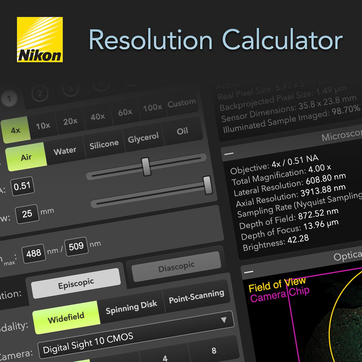 NikonInst's tweet image. Introducing the Nikon Resolution Calculator! This interactive tool makes it easy to calculate #Microscopy specifications such as resolution, depth of field, sampling rate, and more for a variety of imaging modes, including point-scanning #Confocal: bit.ly/3DzUgqP