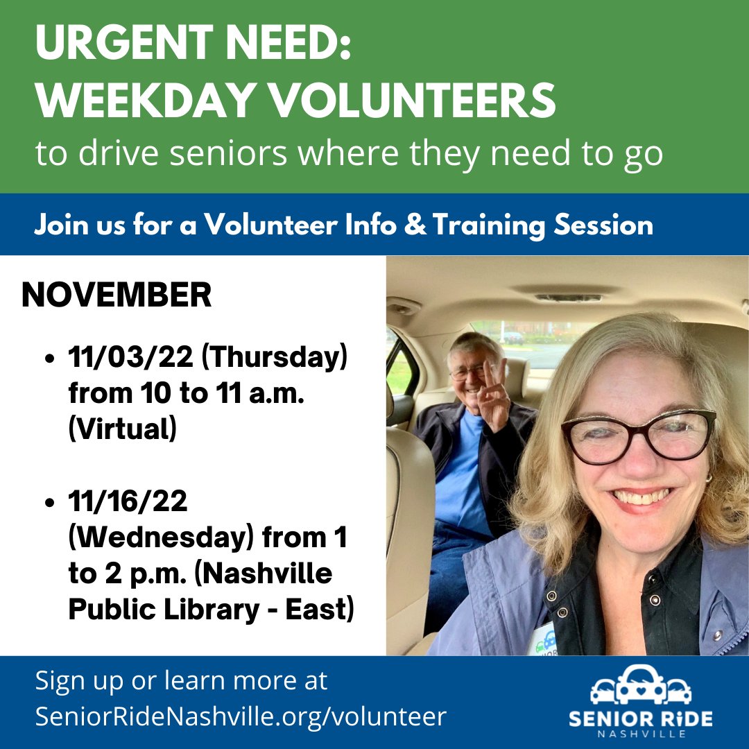 Come volunteer with Senior Ride Nashville! 🚙 we need your help!

We provide:
✔️ a flexible scheduling platform
✔️ mileage reimbursement 
✔️ community engagement with an amazing volunteer team and older adults in Nashville!

seniorridenashville.org/volunteer-trai…