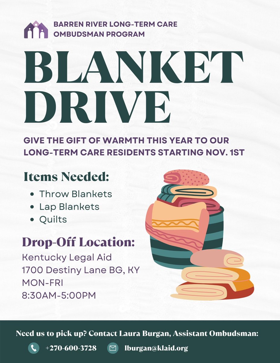 Our Blanket Drive is just around the corner! 

As the weather gets colder, our long-term care residents are in need of blankets to stay warm! Starting Nov. 1st, we will be collecting throw blankets, lap blankets, and quilts at the Bowling Green KLA office!