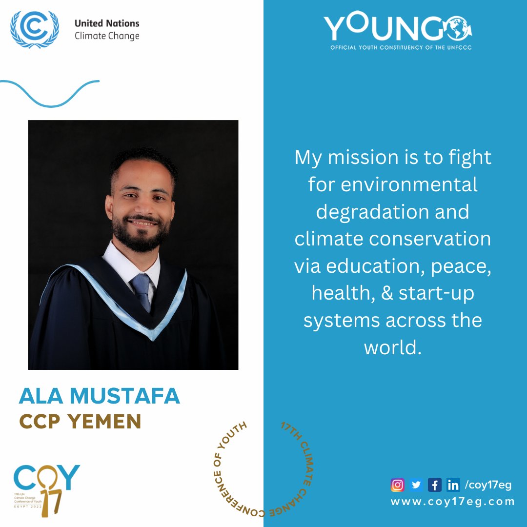 AlaEbnMustafa's tweet photo. #COP27 is just 10 days away! I am looking forward to meeting young people and #ClimateAction advocates at @Coy17eg and @COP27P. 
It is crucial for my participation this year that I connect, share and exchange knowledge about #ClimateJustice with youth from around the globe. https://t.co/WGiZ4mENOL