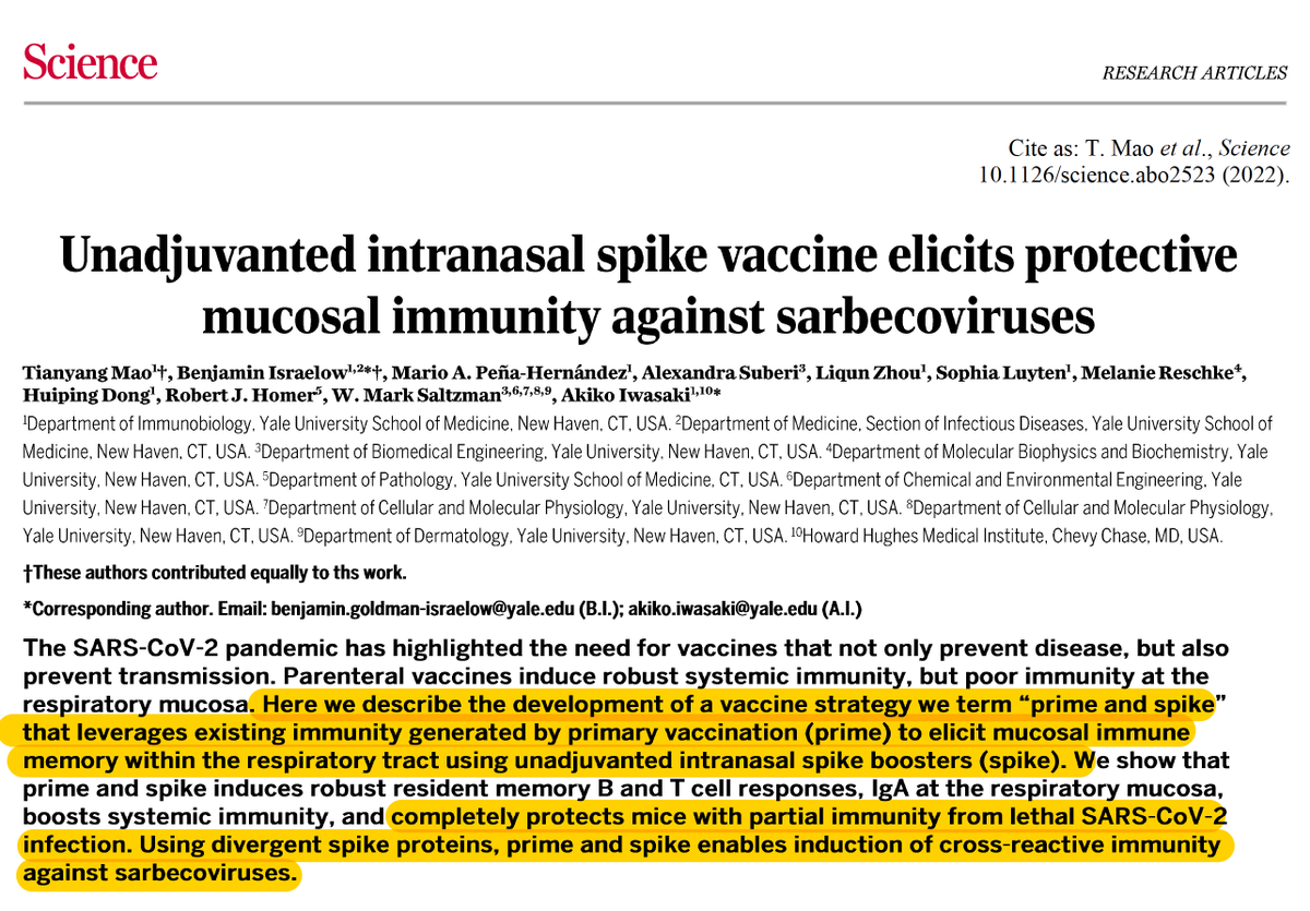 EricTopol's tweet photo. Just published @ScienceMagazine 
A nasal vaccine booster (after primary vaccination) induces mucosal immunity —IgA, memory B and T cell—against the sarbecovirus family in the experimental model
https://t.co/j03xNjIXzh
by @VirusesImmunity @tianyangmao and team @YaleIBIO @YaleMed https://t.co/M6LQUZWnlc
