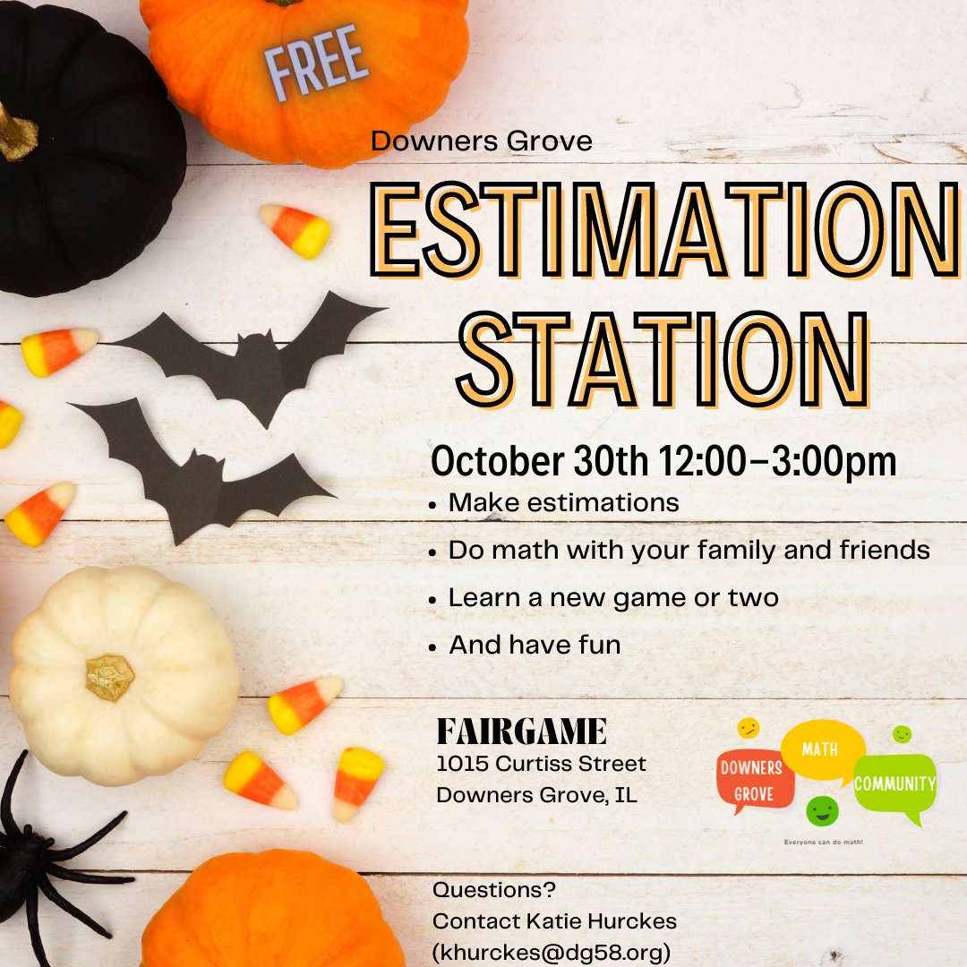 khurckes's tweet photo. Don't miss out on our next public math event! We are hosting an Estimation Station on the sidewalk outside of @FairGameStore on Sunday! Hope you join us! #dgmath #dg58pride https://t.co/FzMddMbOij