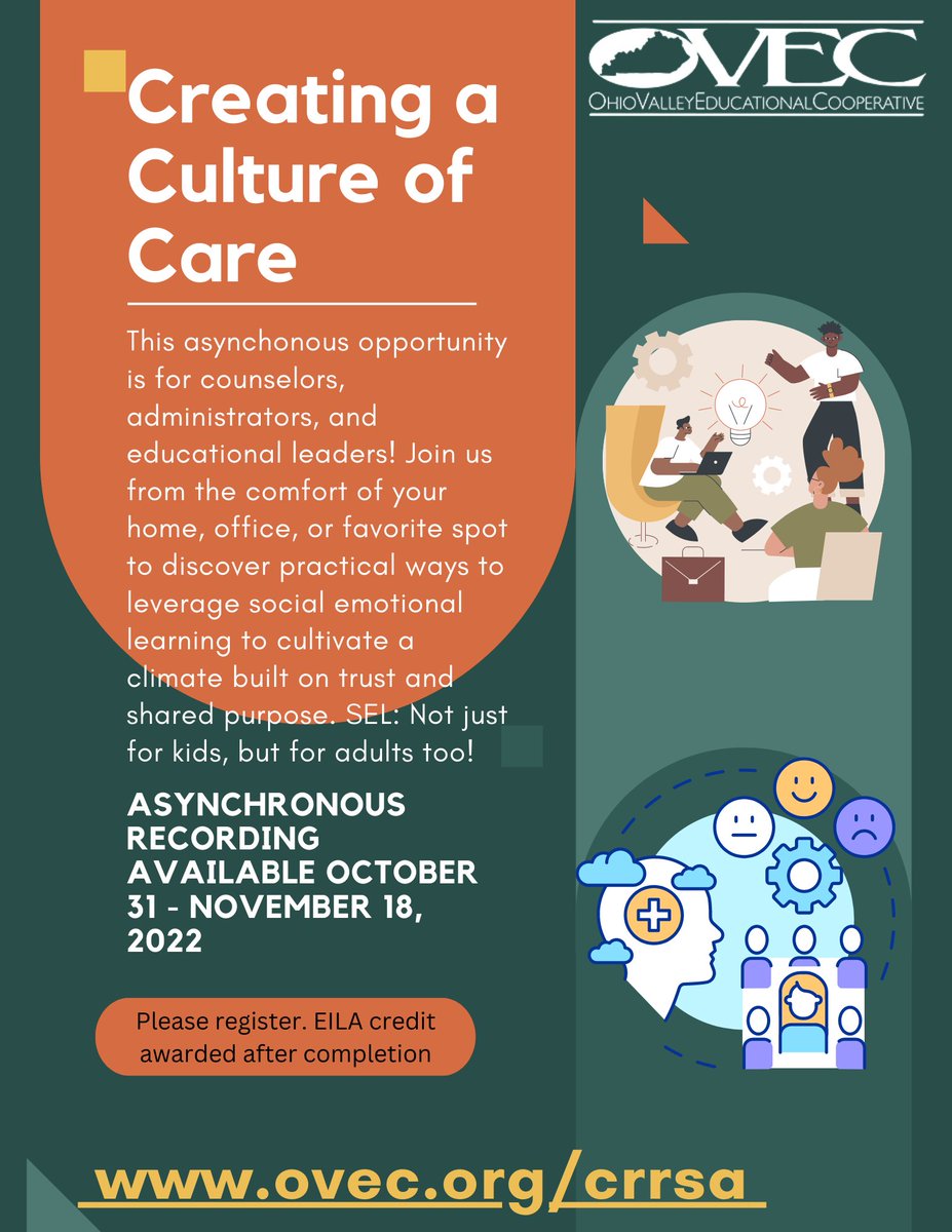 SantinaPlottner's tweet photo. Hey @OVECkyed administrators, counselors, and educational leaders! Have you registered for our asynchronous module on #SELwithin school climate and culture? Go to https://t.co/uzg1RuaPOB to register. You will receive one hour of EILA credit upon completion!🏅 https://t.co/ouNW6rfsZk