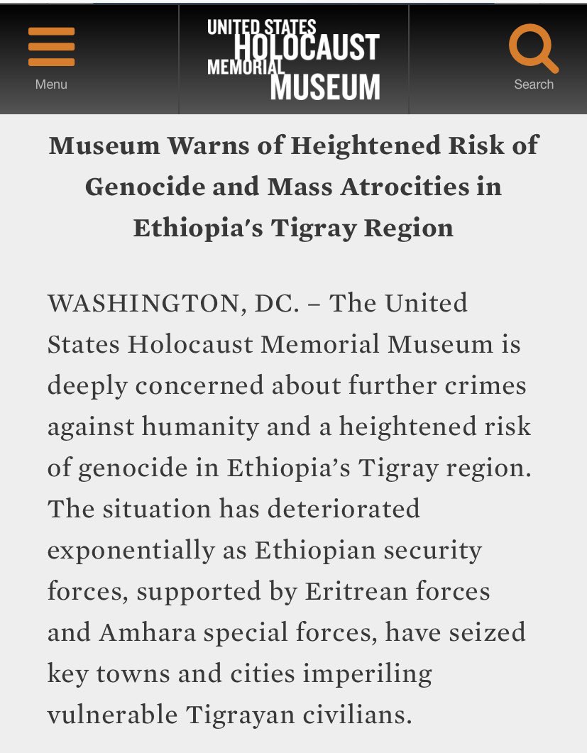 SeifGebre's tweet photo. .@HolocaustMuseum is deeply concerned about further #CrimesAgainstHumanity &amp; heightened risk of genocide in #Tigray. The situation deteriorated exponentially as Ethiopia, supported by Eritrean &amp; Amhara forces imperil vulnerable Tigrayan civilians. 

@UN_HRC @StateDept @eu_eeas https://t.co/C4HNITipug