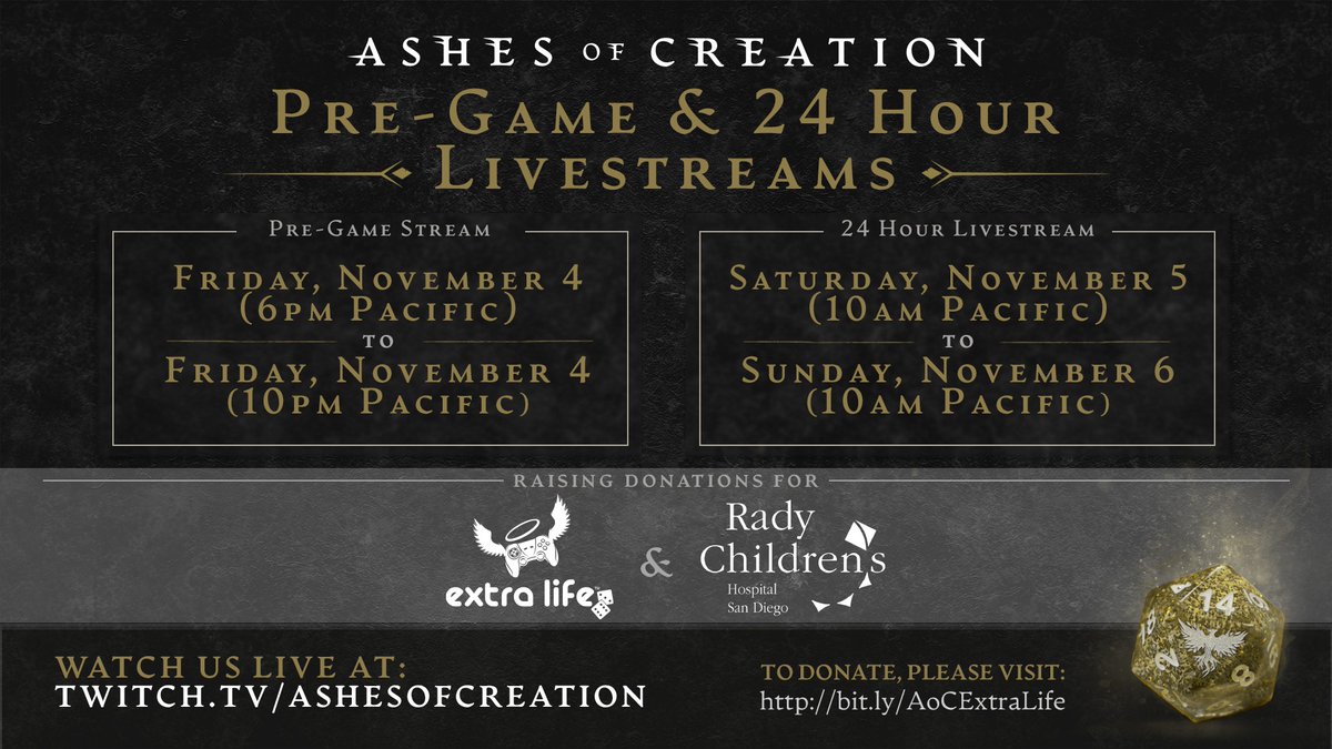 📅 Mark your calendars! We are happy to announce that we are hosting a 24-hour stream to support <a href="/ExtraLife4Kids/">Extra Life</a> and <a href="/radychildrens/">Rady Children's Hospital-San Diego</a>! 
ashesofcreation.com/news/2022-10-2…

🥳 Make sure to tune in and participate for a chance to win Alpha Two access and other goodies!