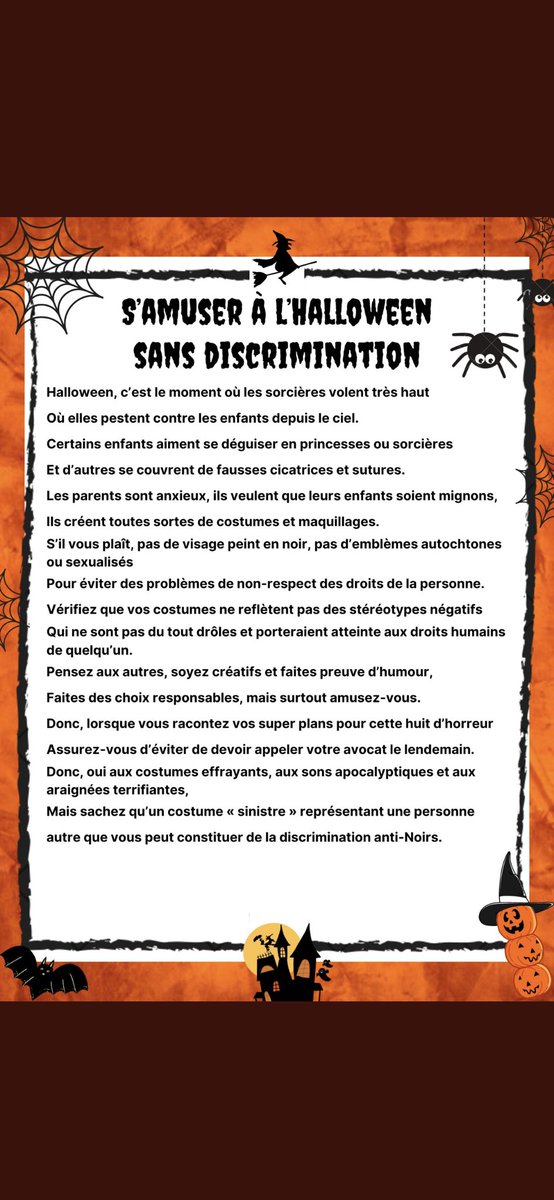 Peut-on s'amuser pendant l'halloween sans porter atteinte à la culture des autres? Votre costume perpétue-t-il un stéréotype négatif des autochtones, noirs, arabes et autres? Un bon message de la <a href="/LaCODP/">La CODP</a> 🎃🎃🎃🕸🕸
@CSCP_EDI
