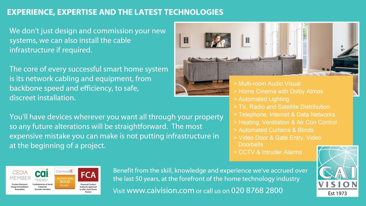 Ensure that your infrastructure is future proof before starting your home automation/ renovation project.
Call us on 020 8768 280 to discuss what you need.

caivision.com

#homeautomation #dulwich #croydon #orpington #keston #crystalpalace #London