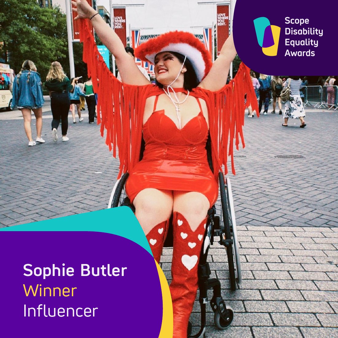 🏆 Sophie Butler takes home our Influencer award, voted for by the public 👏 @SophJButler’s content challenges stereotypes around beauty standards, sexuality, and fitness. Her brilliant ‘Sunday School’ pieces educate and empower people on disability-related issues 💜