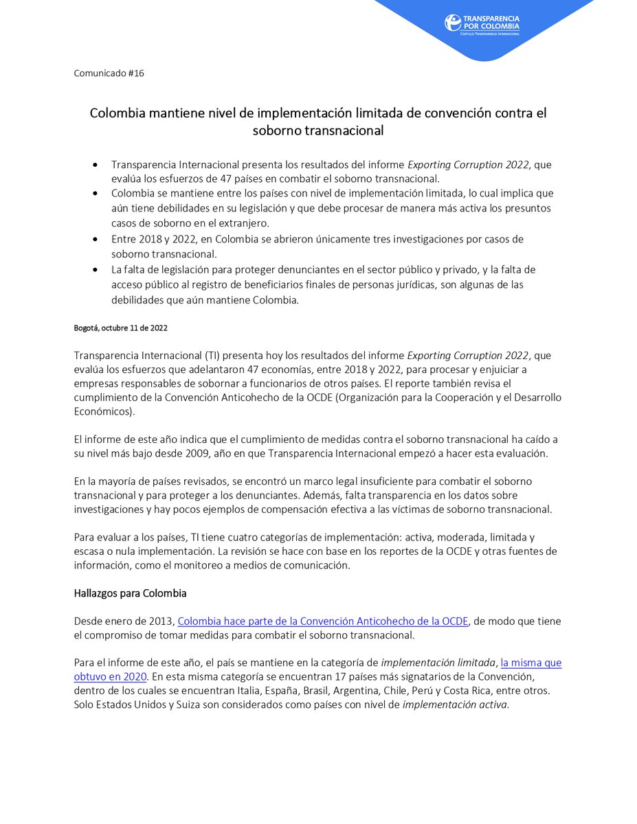 transparenciaco's tweet photo. Transparencia Internacional (@anticorruption) hizo público su informe #ExportingCorruption 2022, el cual indica que en el marco legal colombiano existen debilidades que impiden luchar activamente contra el soborno transnacional.🧵1/2 https://t.co/RCLwwNW06j