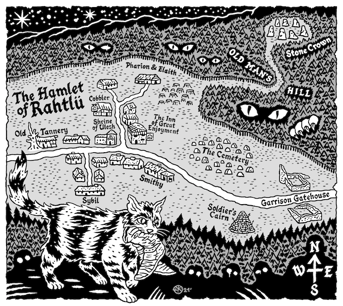 Sometimes I do maps. For example The Hamlet of Rathlü for Cats of Rathlü - DCC module by @lectrotext. You can still back it! kickstarter.com/projects/lectr…