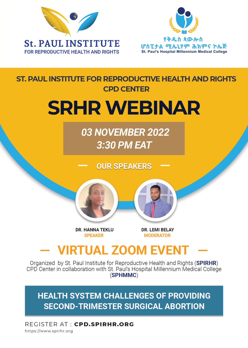 Don't miss our next webinar on "Health system challenges of providing second-trimester surgical abortion"

Date: Thursday, November 03, 2022
Time: 3:30 PM EAT 

Registration link: cpd.spirhr.org