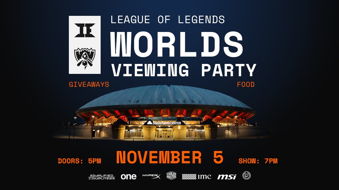 Illini_esports's tweet photo. Our @LeagueOfLegends Worlds Viewing Party will be happening on November 5th at the @StateFarmCenter! Doors open at 5pm, with some amazing prizes, giveaways, raffles, and more.

Thanks to our sponsors:
@simp_comp, @liveoneillinois, @HyperX, @CoolerMaster, @IMCTrading, and @msiUSA https://t.co/Ms3dYV4q7i
