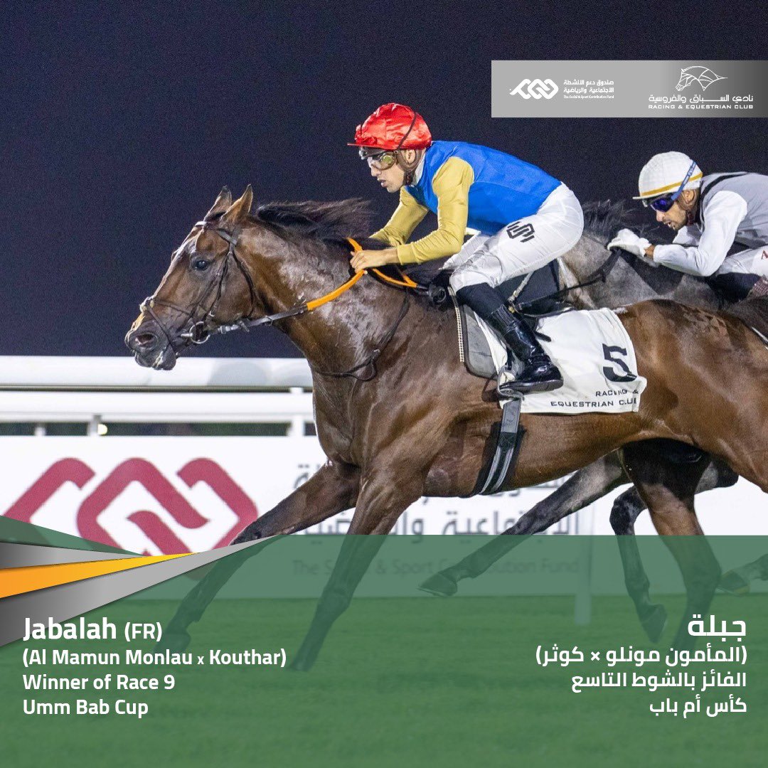 The trio of Wathnan Racing, Alban de Mieulle & Soufiane Saadi made it a quick-fire double in the feature race in the card with Jabalah landing Umm Bab Cup. The 6YO won the 1600m contest for 3YO+ Purebred Arabians by ¾ of a length, completing a treble for the owner & the trainer.