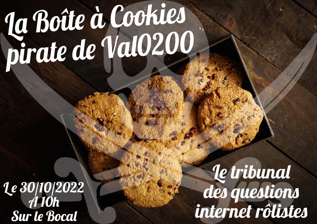 Il se raconte qu'un certain Val0200 va "pirater" une boîte à cookies dimanche 30/10/2022 pour aborder des sujets rôlistes trouvés sur Internet et sélectionnés par lui ! 
Du coup, si ça vous tente, n'hésitez pas ! #JDR