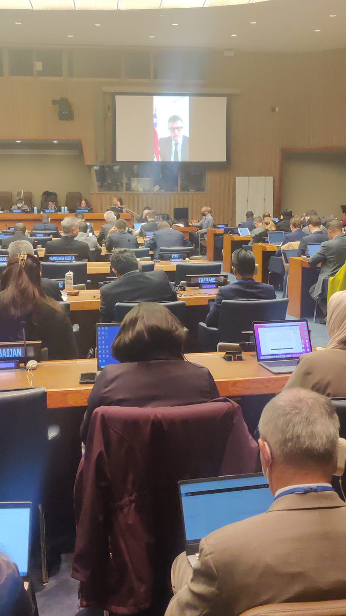 Tumlleh's tweet photo. This morning I had the honour to address the Joint session of the #UN #FirstCommittee and #FourthCommittee on the progress of the #SpaceThreatsOEWG. Long way to go but so far our meetings have been constructive and inclusive.Hopeful we will reach our common goal #SpaceSecurity https://t.co/Zc1XBn35UM