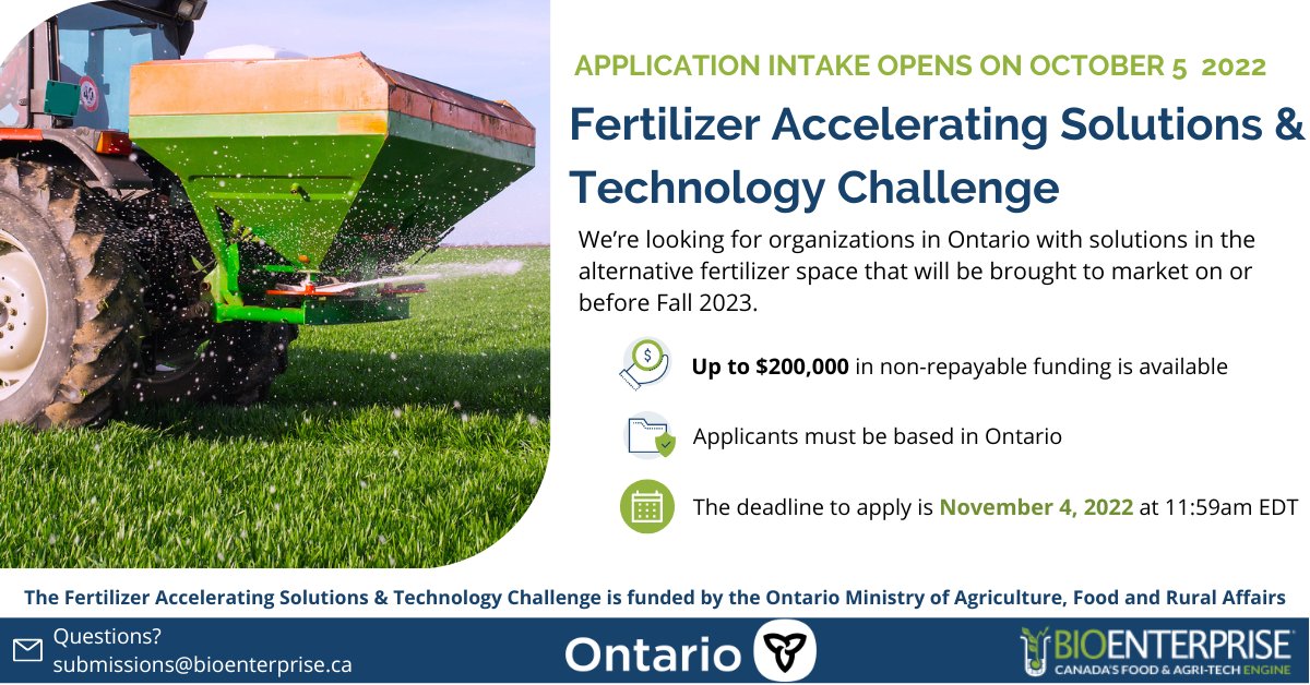 Have you heard about $200,000 in funding through Fertilizer Accelerating Solutions &amp; Technology Challenge <a href="/BioenterpriseCA/">Bioenterprise Canada</a>?  

Ask how we can help your application with: 
✅ On-farm demonstration at <a href="/DiscoveryFarmON/">Discovery Farm Woodstock</a>  
✅ Spreading the word through <a href="/outdoorfarmshow/">Canada's Outdoor Farm Show</a> network