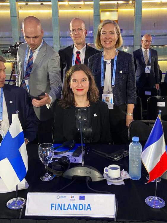 The Finnish delegation 🇫🇮 participating in the Ministerial EU-CELAC meeting in 🇦🇷 Buenos Aires. CELAC together with the 🇪🇺 European Union is a formidable force when we work together to advance equality, multilateralism & climate change mitigation. Thank you to 🇦🇷 for hosting us!