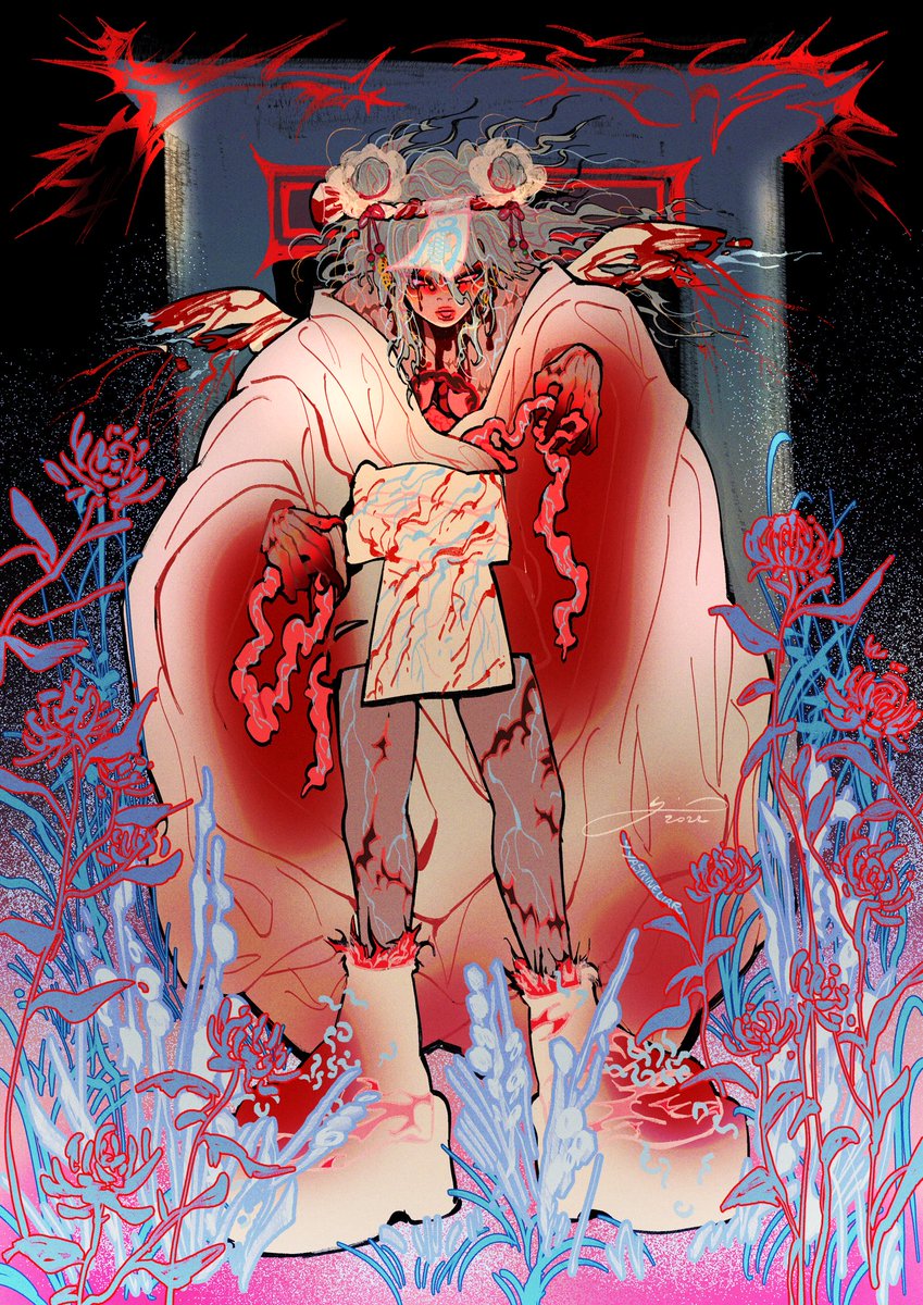flower blood solo long hair blood on clothes halo full body  illustration images