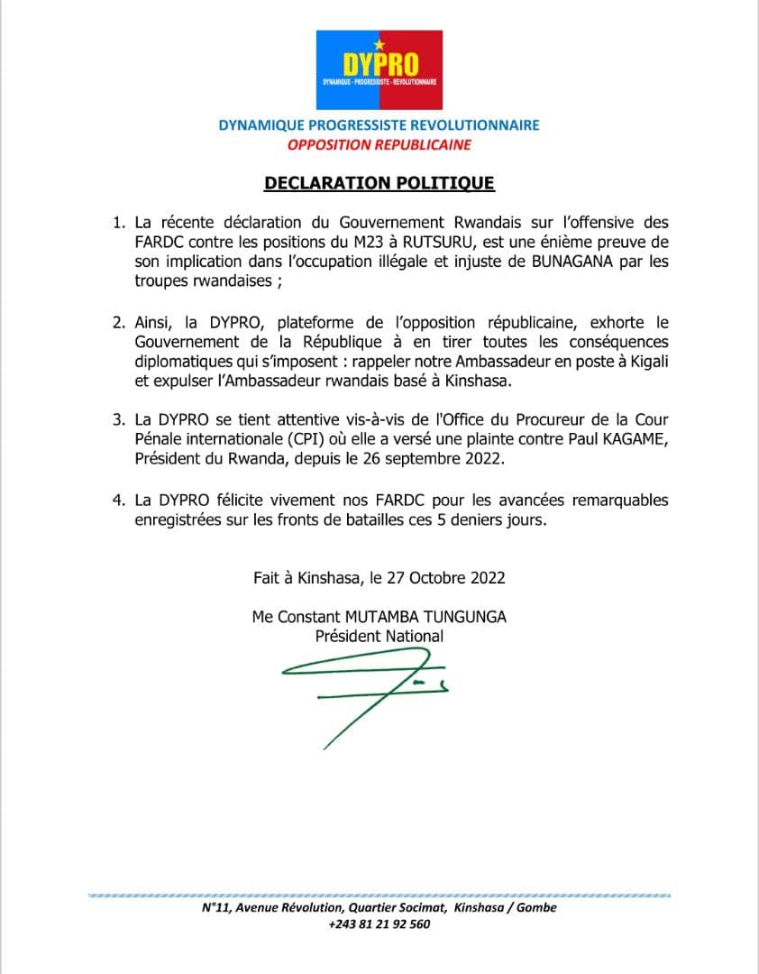 #NOGEC Plus rien ne justifie la présence de notre Ambassadeur à Kigali et celui du Rwanda à Kinshasa. DYPRO exhorte le Gouvernement à RAPPELER l'un et à EXPULSER l'autre.