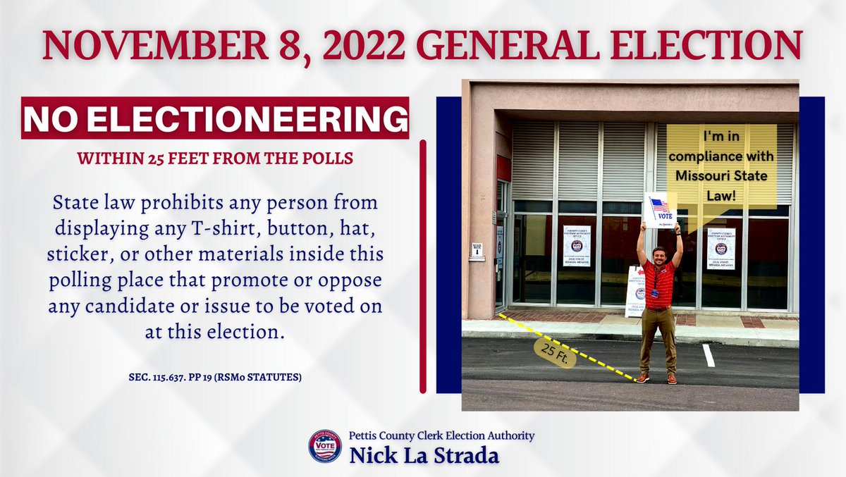 PettisElections's tweet photo. State law prohibits any person from displaying any T-shirt, button, hat, sticker, or other materials inside any polling place that promote or oppose any candidate or issue to be voted on at this election.
#makefreedomcount https://t.co/CWzCTjFD0t